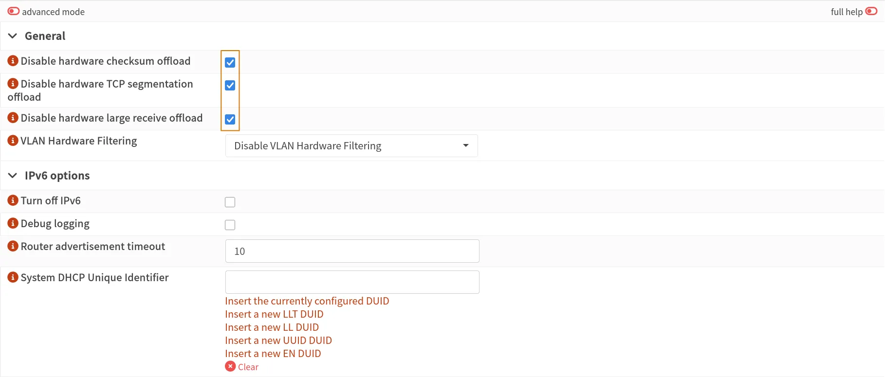 Hardware offload settings